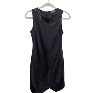ASTR Sheath Dress XS Black Mesh Metallic Beaded Neckline Asymetrical Hem